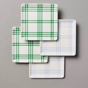 4pk Tri-Stripe Plaid Square Melamine Appetizer Plates Green/Blue - Hearth & Hand